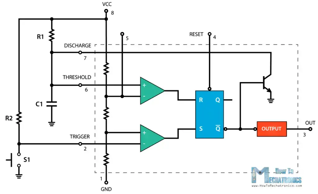 555 Timer IC: principio de funcionamiento, diagrama de bloques, diagramas de circuitos