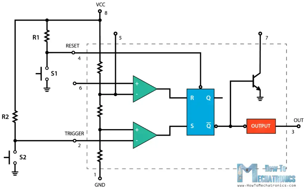 555 Timer IC: principio de funcionamiento, diagrama de bloques, diagramas de circuitos
