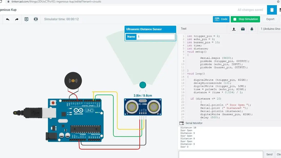 Proyecto Tinkercad Arduino: zumbador de puerta mediante sensor ultrasónico