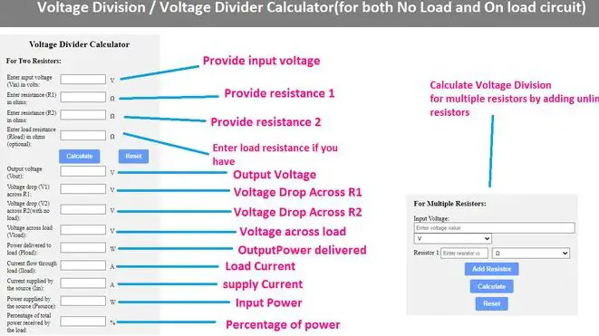 Calculadora de divisor de voltaje en línea