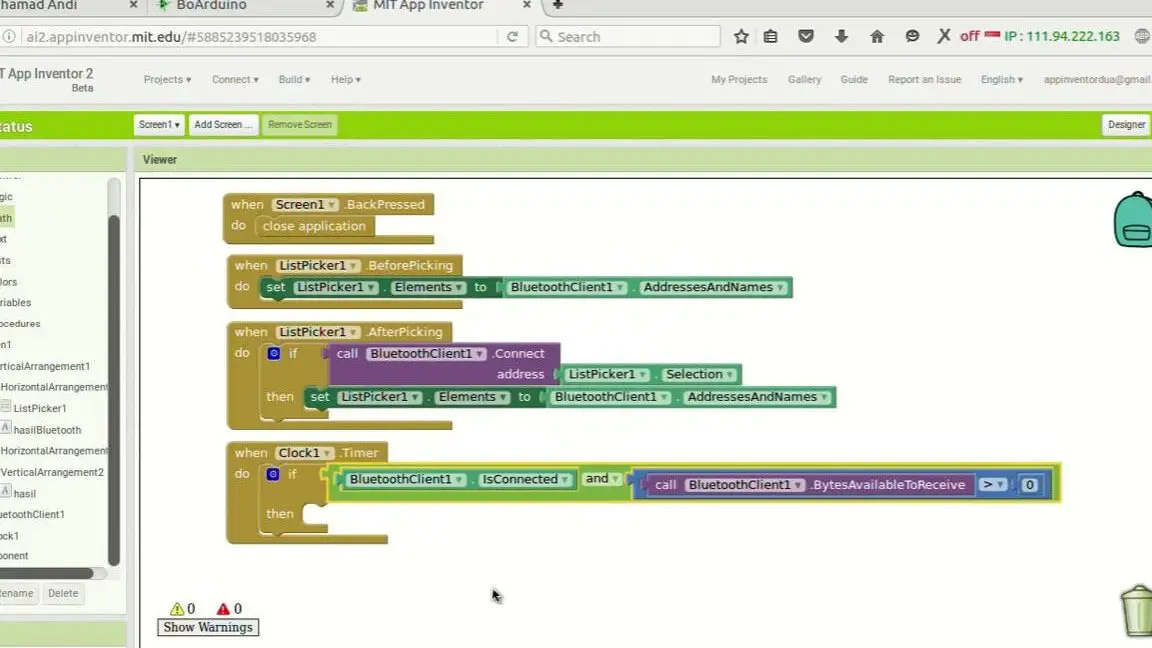 Inventor de la aplicación 2: Android recibe datos de Arduino a través de Bluetooth