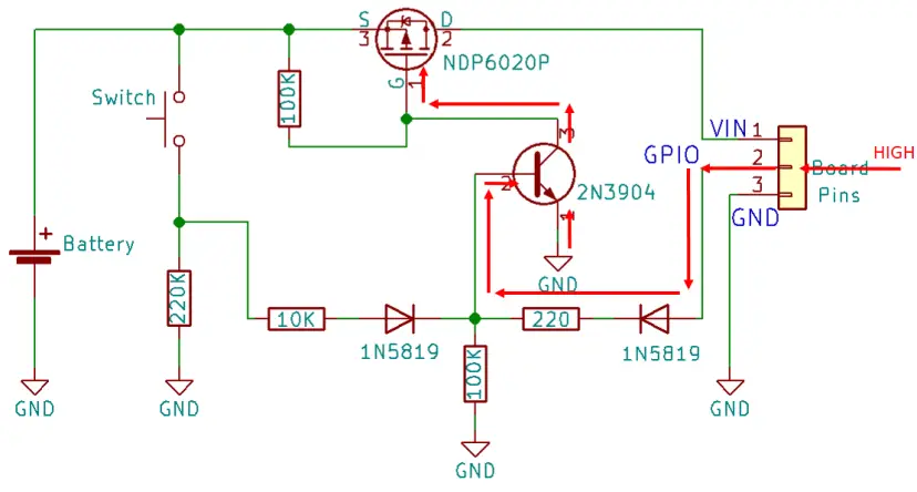 Circuito de interruptor de encendido con enclavamiento (circuito de apagado automático) para ESP32, ESP8266, Arduino